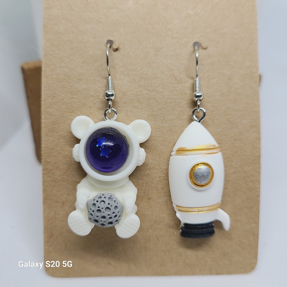 Handmade Astronaut and Rocket‎ Dangle Drop Earrings Space Fun NEW Ladies